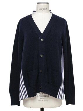 Sacai Wool Knit x Cotton Poplin Cardigan in Navy/Navy Stripe, size "4" (fits M/L